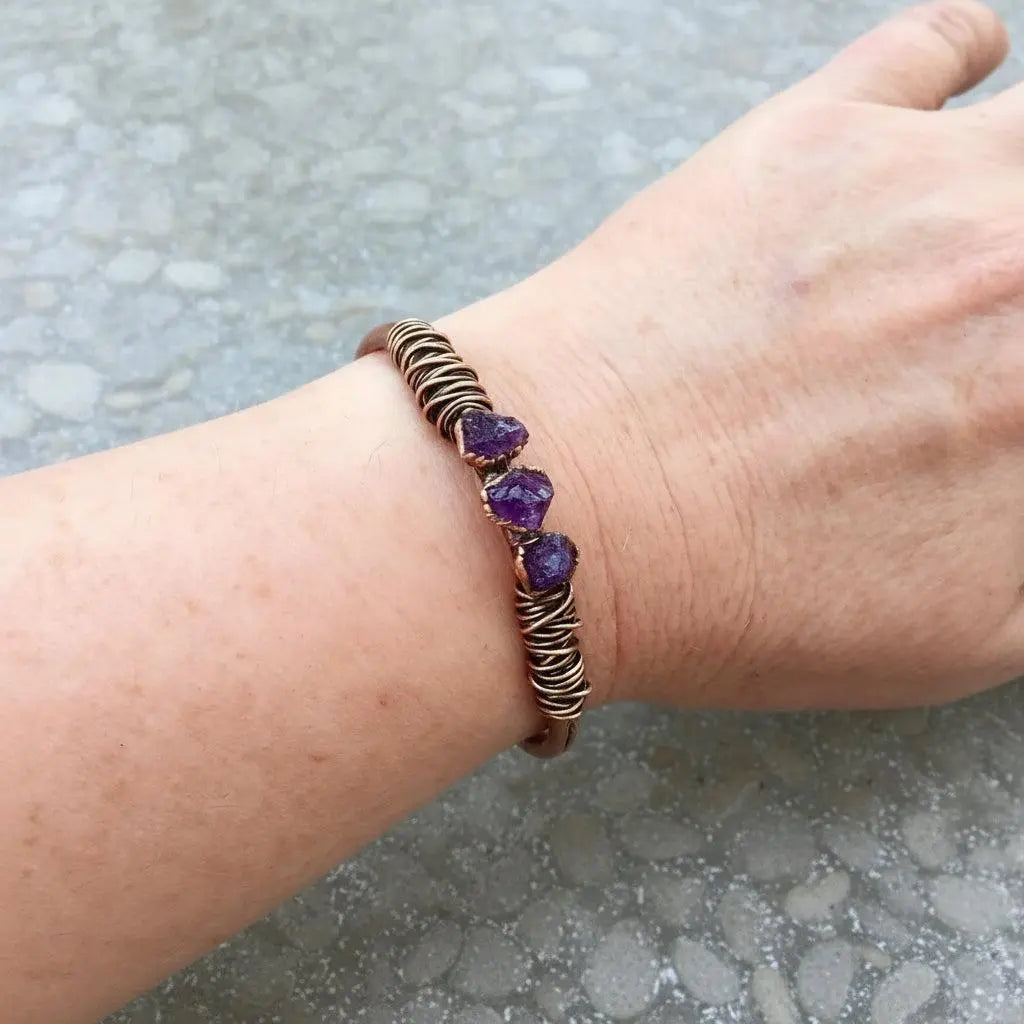 Handcrafted Copper Raw Amethyst Cuff For Inner Peace In Daily Rituals - BlackbirdSageStudio
