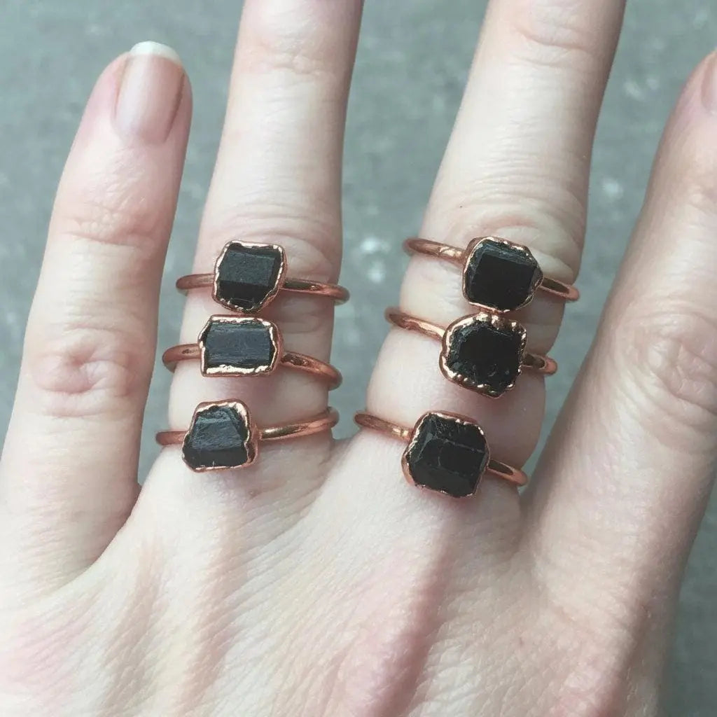 Raw Black Tourmaline Ring: Electroformed Copper Crystal Jewelry