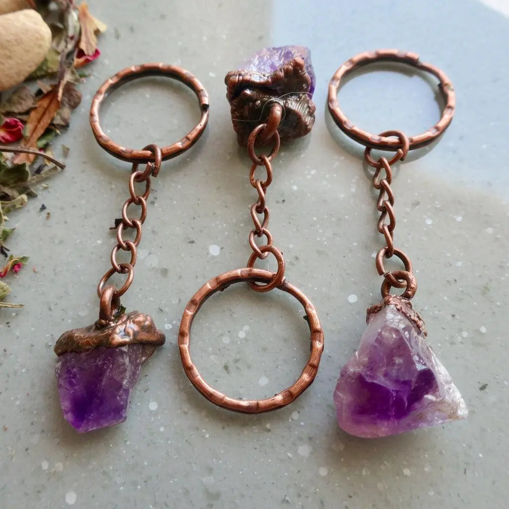 Raw Amethyst Crystal Copper Keychain for Healing Energy - Blackbird & Sage Jewelry