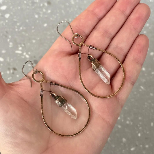 Electroformed Copper Quartz Point Earrings: Hand Hammered Bronze Hoops - BlackbirdSageStudio