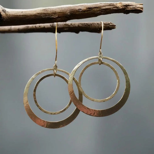 Hand Hammered Brass Hoop Earrings: Boho Full Circle Jewelry - BlackbirdSageStudio