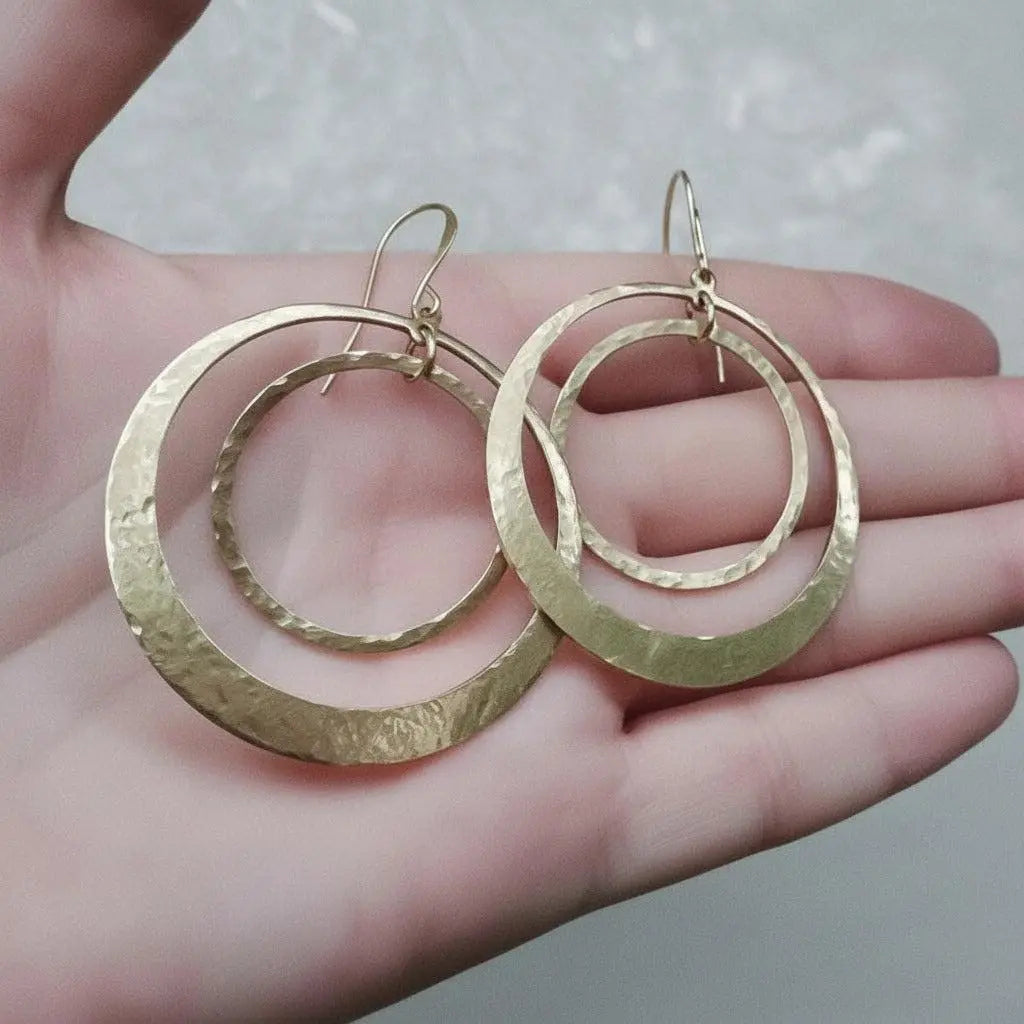 Hand Hammered Brass Hoop Earrings: Boho Full Circle Jewelry - BlackbirdSageStudio
