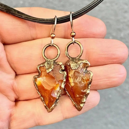 Handmade Carnelian Arrowhead Earrings: Electroformed Copper Boho Jewelry - BlackbirdSageStudio
