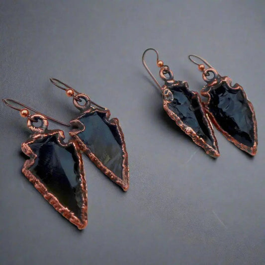 Handmade Obsidian Arrowhead Earrings: Electroformed Copper Boho Jewelry - BlackbirdSageStudio