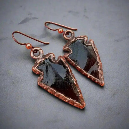 Handmade Obsidian Arrowhead Earrings: Electroformed Copper Boho Jewelry - BlackbirdSageStudio