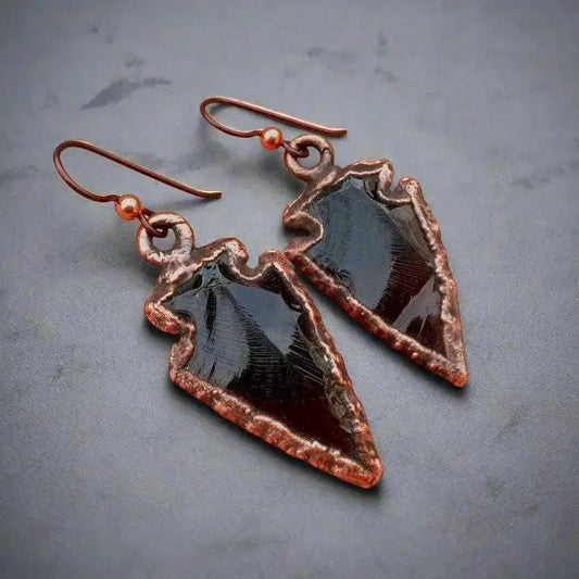Handmade Obsidian Arrowhead Earrings: Electroformed Copper Boho Jewelry - BlackbirdSageStudio