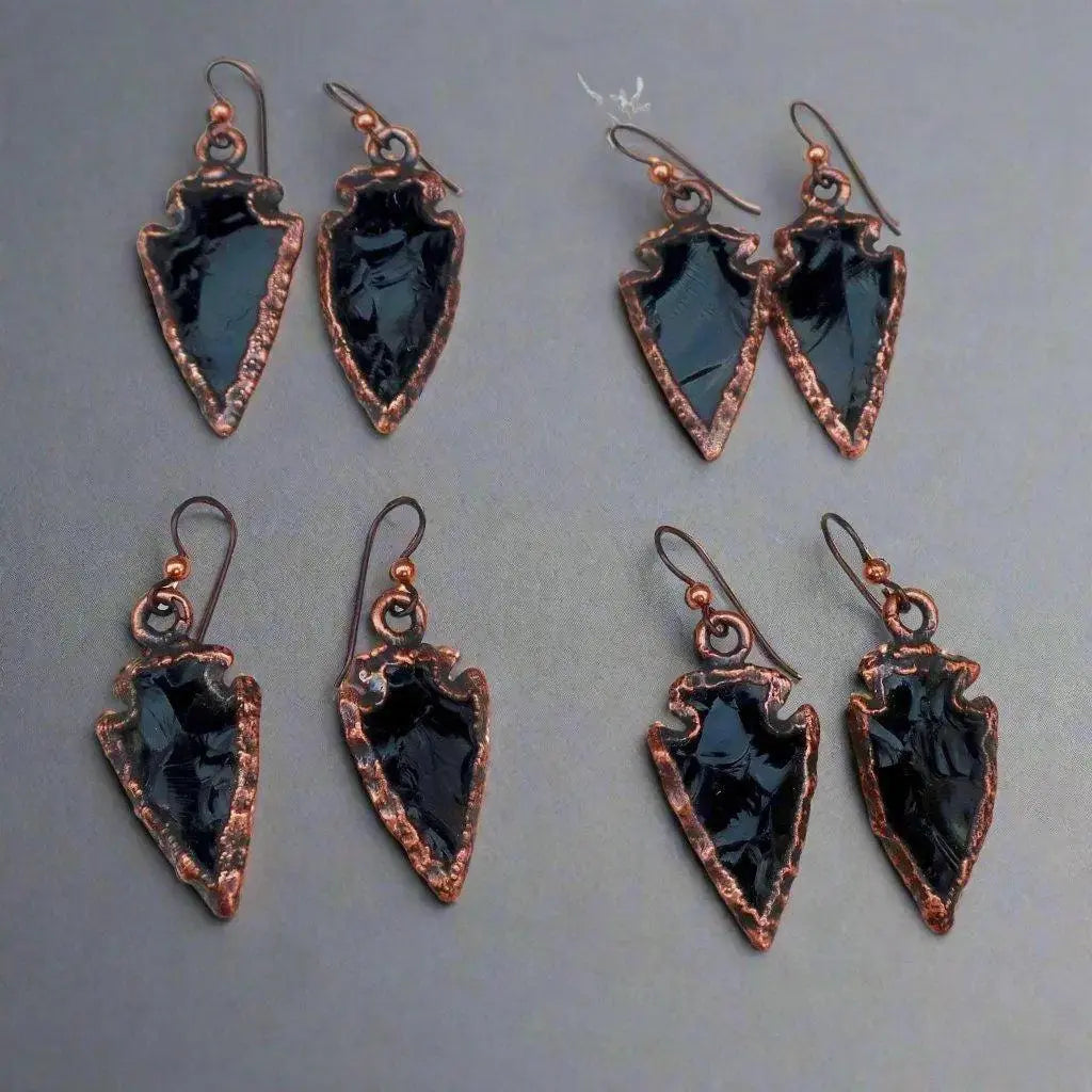 Handmade Obsidian Arrowhead Earrings: Electroformed Copper Boho Jewelry - BlackbirdSageStudio