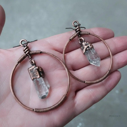Electroformed Copper Quartz Point Hoop Earrings: Handmade Boho Jewelry - BlackbirdSageStudio