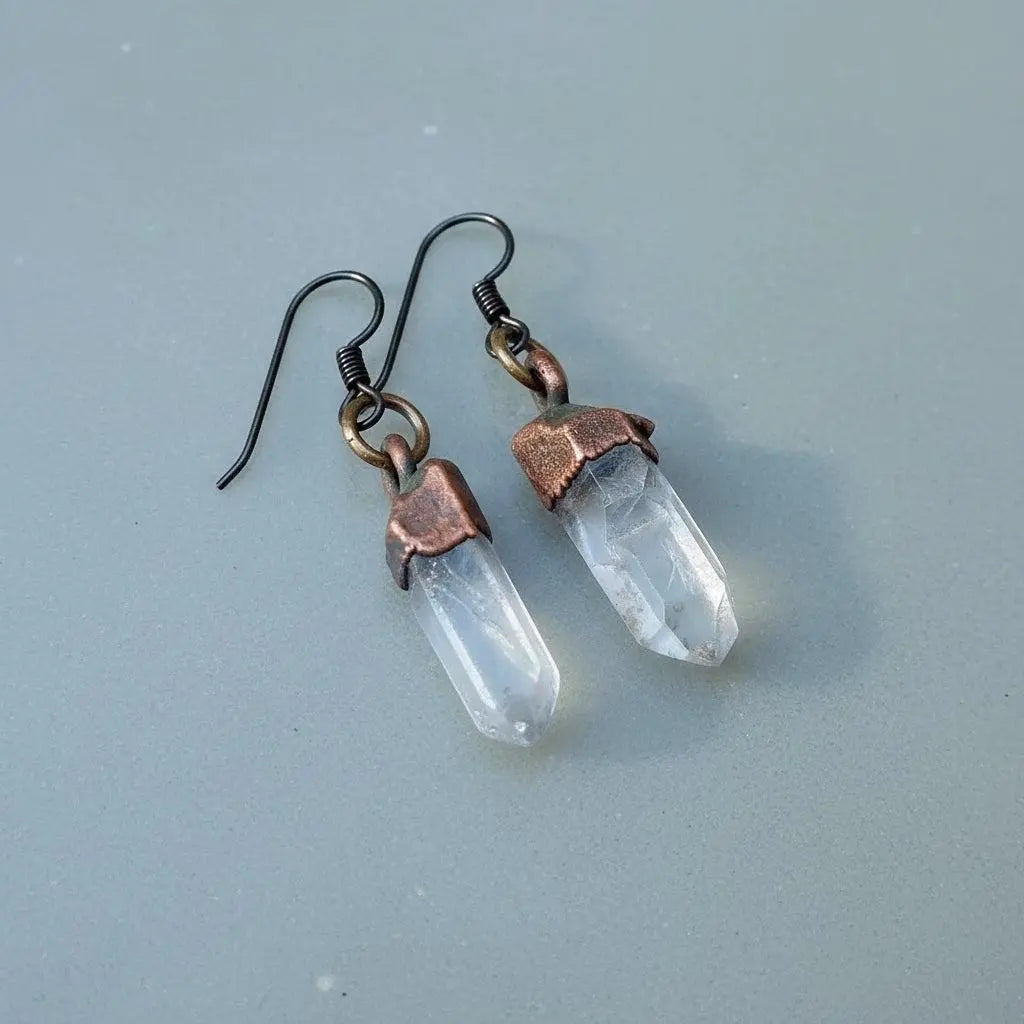 Raw Quartz Crystal Earrings: Electroformed Copper Boho Dangles - BlackbirdSageStudio