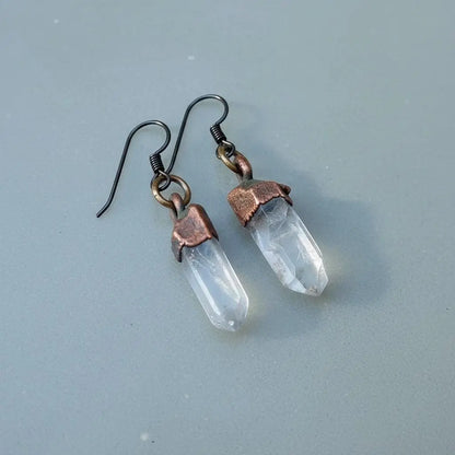 Raw Quartz Crystal Earrings: Electroformed Copper Boho Dangles - BlackbirdSageStudio