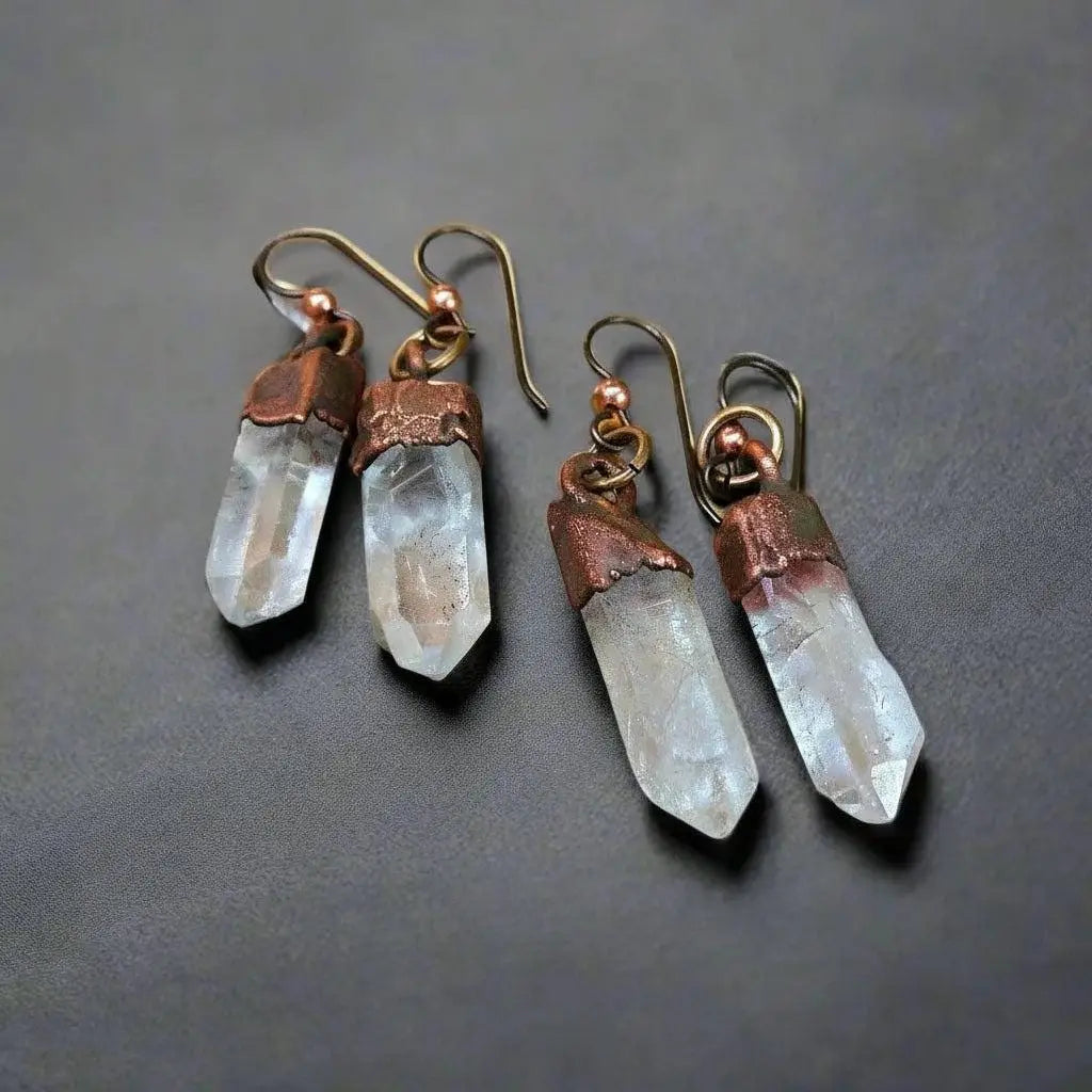 Raw Quartz Crystal Earrings: Electroformed Copper Boho Dangles - BlackbirdSageStudio