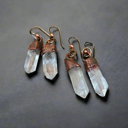 Raw Quartz Crystal Earrings: Electroformed Copper Boho Dangles - BlackbirdSageStudio