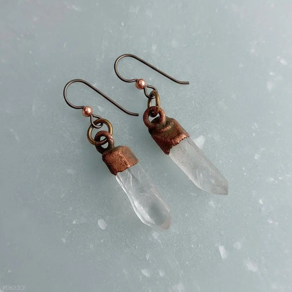Raw Quartz Crystal Earrings: Electroformed Copper Boho Dangles - BlackbirdSageStudio