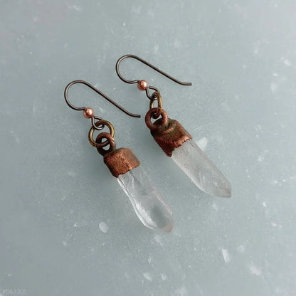 Raw Quartz Crystal Earrings: Electroformed Copper Boho Dangles - BlackbirdSageStudio
