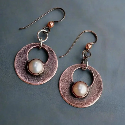 Electroformed Copper Pearl Drop Earrings: Hypoallergenic Niobium Wires - BlackbirdSageStudio