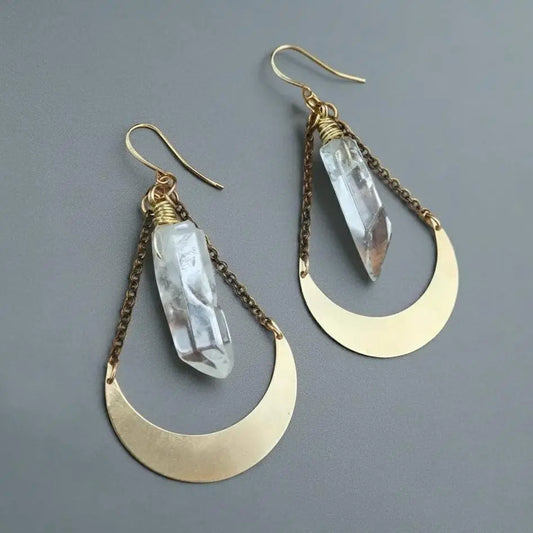 Quartz Point and Brass Crescent Moon Earrings: Boho Crystal Jewelry - BlackbirdSageStudio