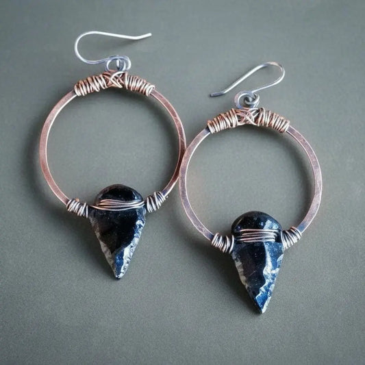 Handcrafted Black Obsidian Arrowhead Earrings: Copper Boho Hoops - BlackbirdSageStudio