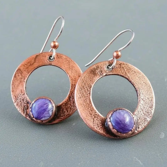 Electroformed Copper Charoite Hoop Earrings: Sterling Silver Wires - BlackbirdSageStudio