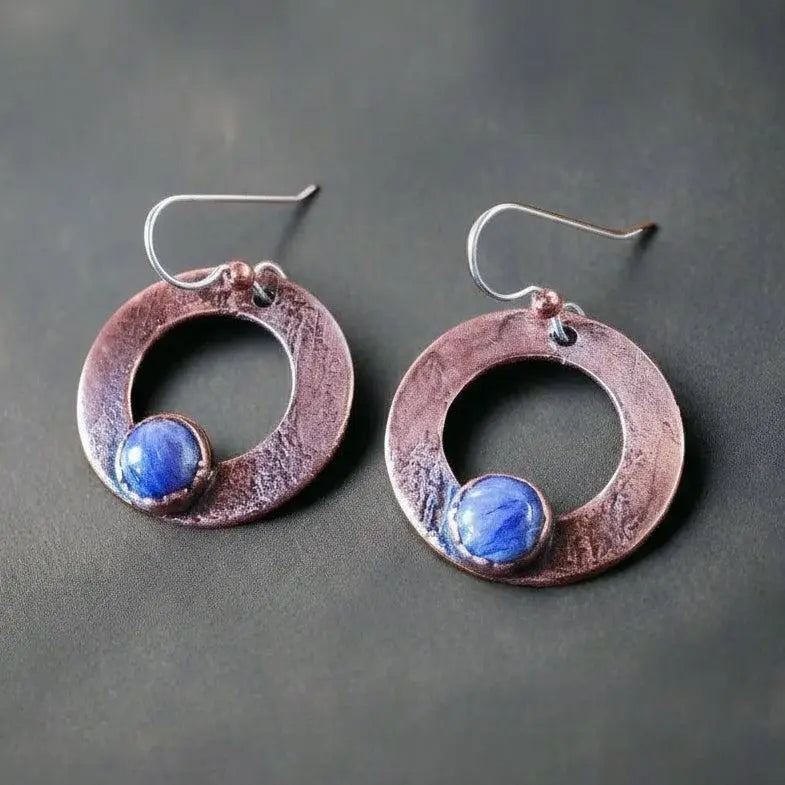 Electroformed Copper Charoite Hoop Earrings: Sterling Silver Wires - BlackbirdSageStudio