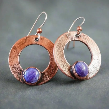 Electroformed Copper Charoite Hoop Earrings: Sterling Silver Wires - BlackbirdSageStudio