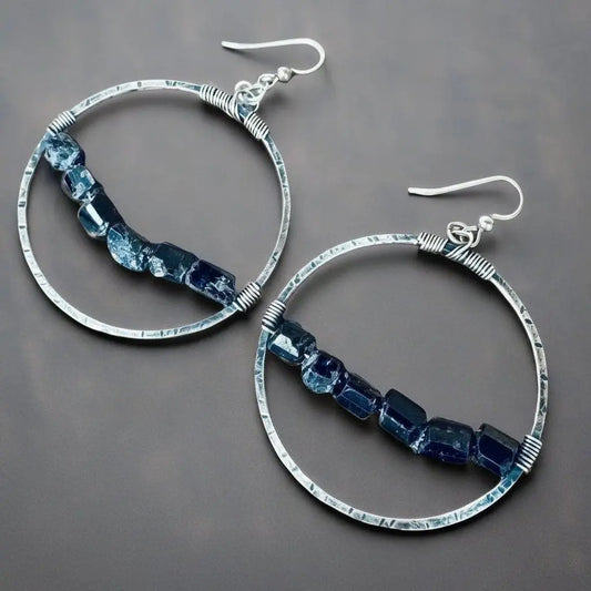 Handmade Sterling Silver Black Tourmaline Hoop Earrings: Boho Chic - BlackbirdSageStudio