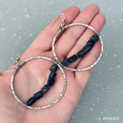 Handmade Sterling Silver Black Tourmaline Hoop Earrings: Boho Chic - BlackbirdSageStudio