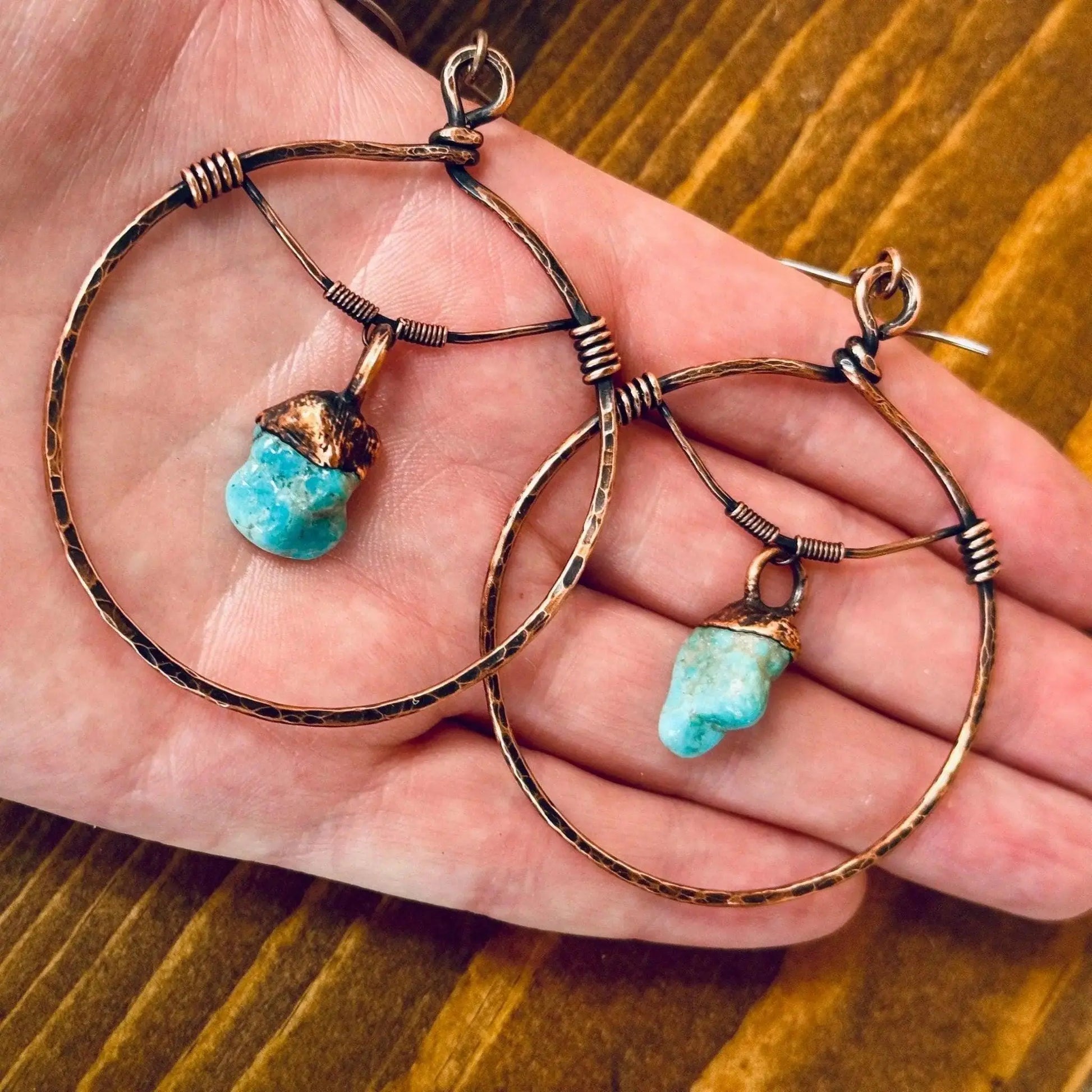 Hand Hammered Copper Hoop Earrings: Raw Turquoise Bohemian Jewelry - BlackbirdSageStudio