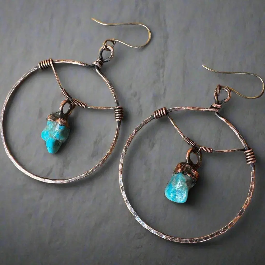 Hand Hammered Copper Hoop Earrings: Raw Turquoise Bohemian Jewelry - BlackbirdSageStudio