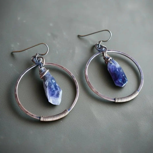 Raw Amethyst Copper Hoop Earrings: Bohemian Crystal Jewelry - BlackbirdSageStudio