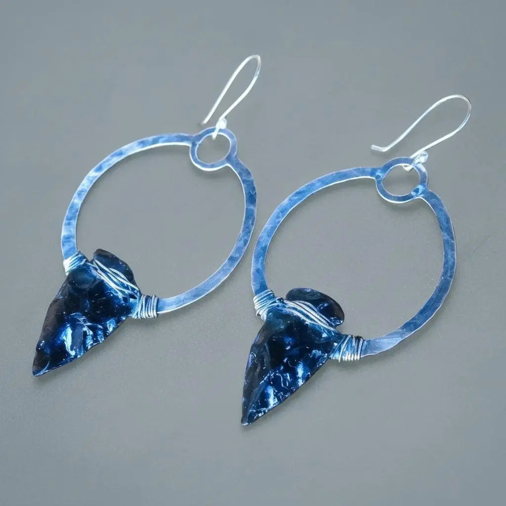 Black Obsidian Arrowhead Earrings: Sterling Silver Boho Hoops - BlackbirdSageStudio