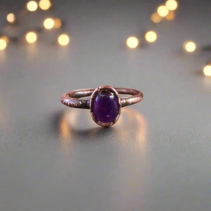 Electroformed Copper Amethyst Ring: February Birthstone Boho Jewelry - BlackbirdSageStudio