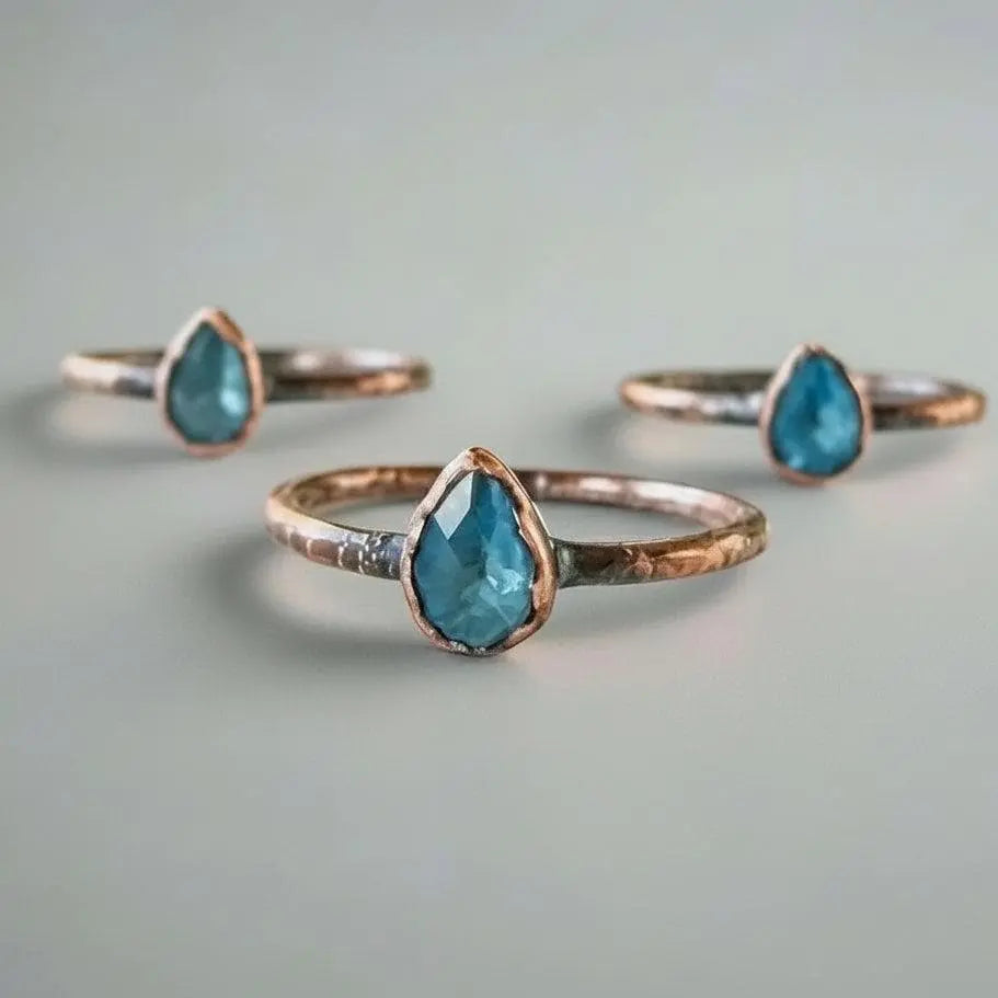 London Blue Topaz Copper Ring – Handmade Electroformed Stacking Crystal Ring with Healing Stone - BlackbirdSageStudio