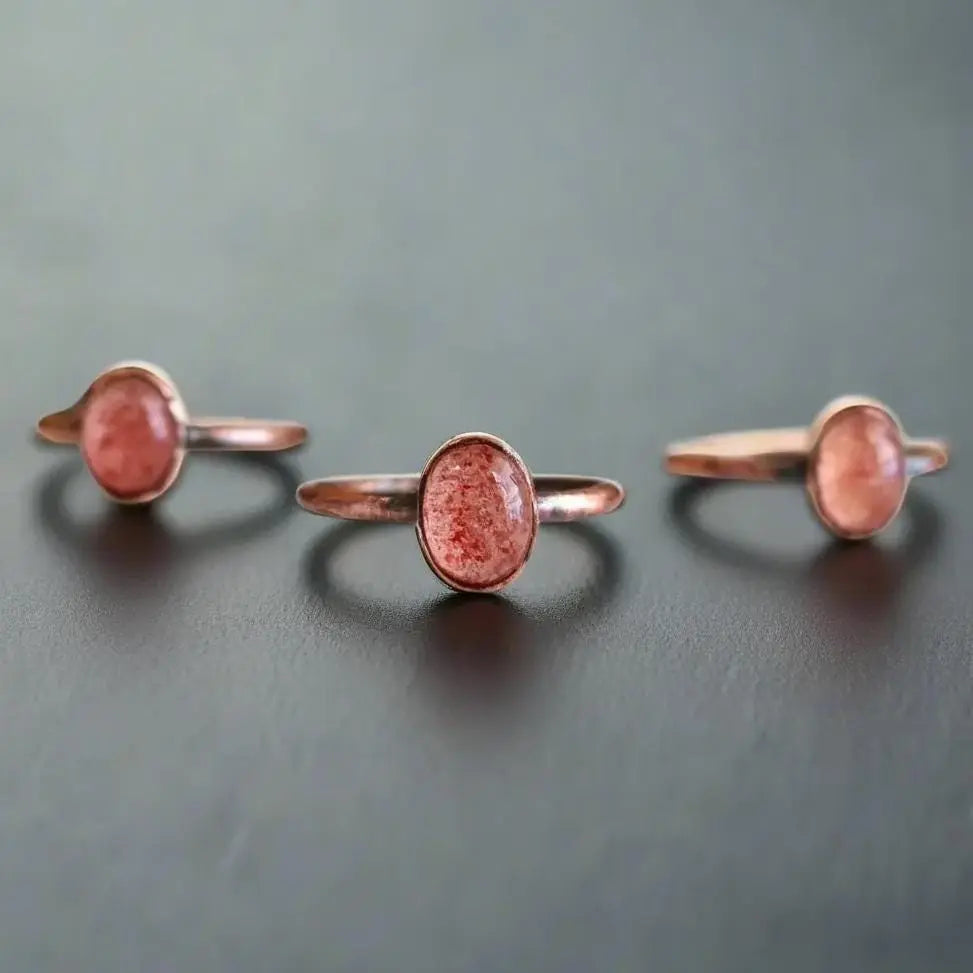 Electroformed Copper Strawberry Quartz Ring: Handmade Boho Jewelry - BlackbirdSageStudio
