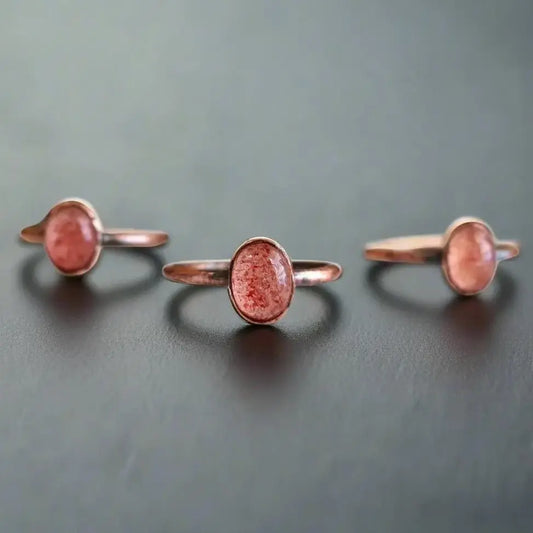 Electroformed Copper Strawberry Quartz Ring: Handmade Boho Jewelry - BlackbirdSageStudio