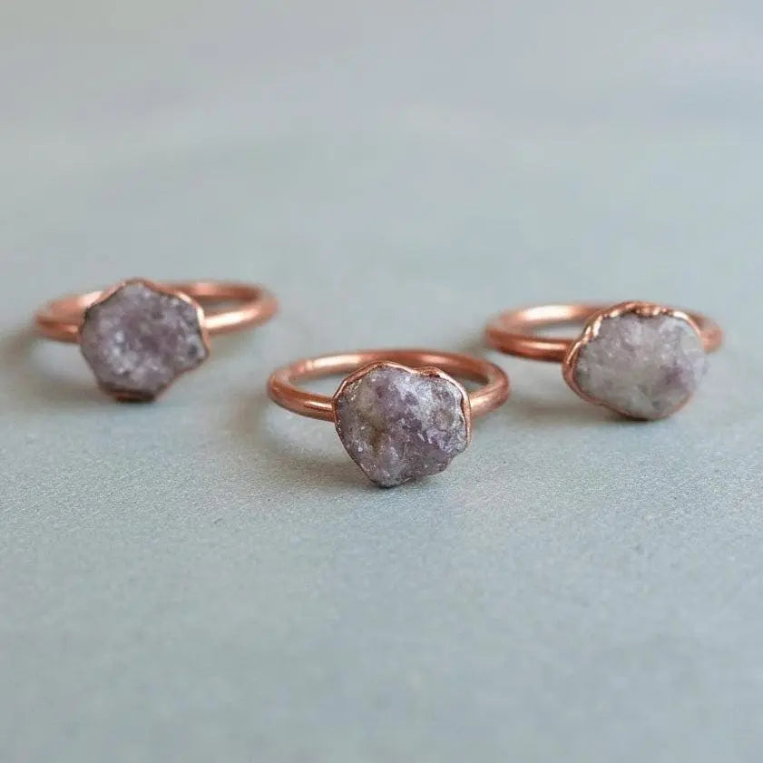 Electroformed Lepidolite Crystal Ring: Raw Stone Copper Boho Jewelry - BlackbirdSageStudio
