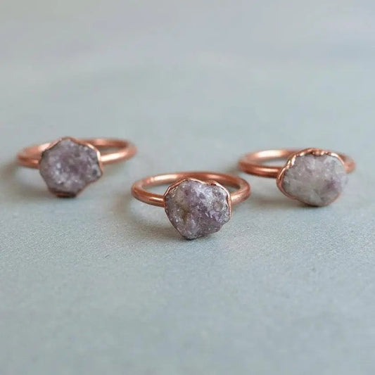 Electroformed Lepidolite Crystal Ring: Raw Stone Copper Boho Jewelry - BlackbirdSageStudio