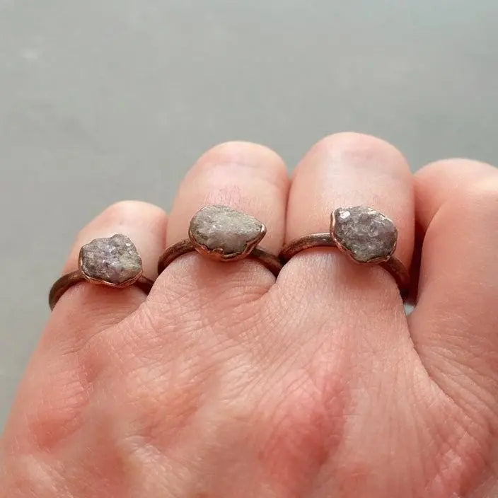 Electroformed Lepidolite Crystal Ring: Raw Stone Copper Boho Jewelry - BlackbirdSageStudio
