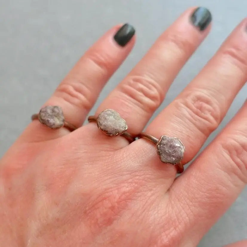 Electroformed Lepidolite Crystal Ring: Raw Stone Copper Boho Jewelry - BlackbirdSageStudio