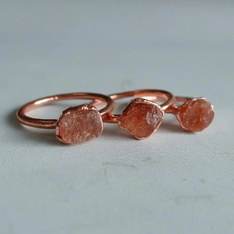 Raw Sunstone Ring: Electroformed Copper Band, Unique Crystal Jewelry - BlackbirdSageStudio
