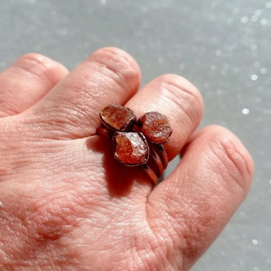 Raw Sunstone Ring: Electroformed Copper Band, Unique Crystal Jewelry - BlackbirdSageStudio