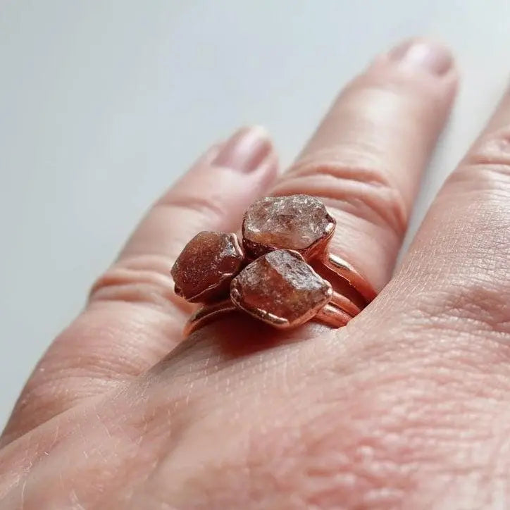 Raw Sunstone Ring: Electroformed Copper Band, Unique Crystal Jewelry - BlackbirdSageStudio