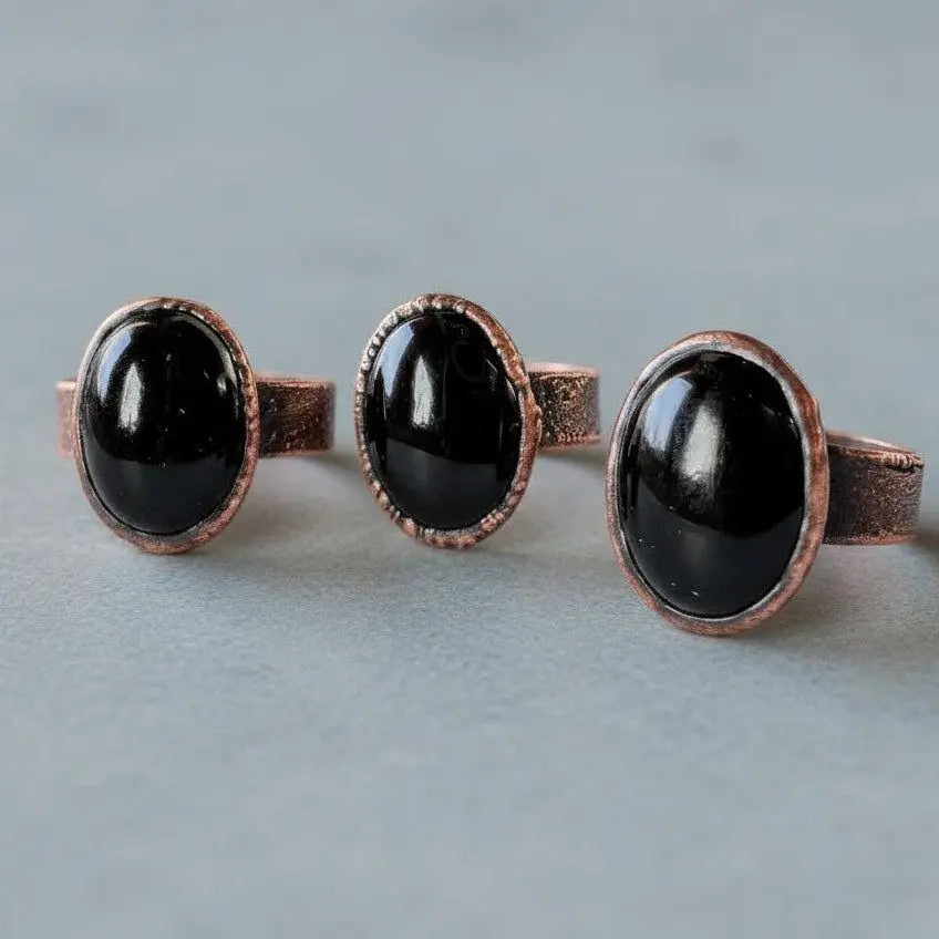 Onyx Statement Ring Handmade Copper Electroformed Boho Jewelry Witchy Black Stone Crystal Gift - BlackbirdSageStudio