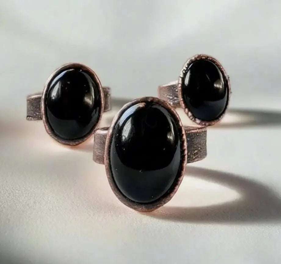 Onyx Statement Ring Handmade Copper Electroformed Boho Jewelry Witchy Black Stone Crystal Gift - BlackbirdSageStudio