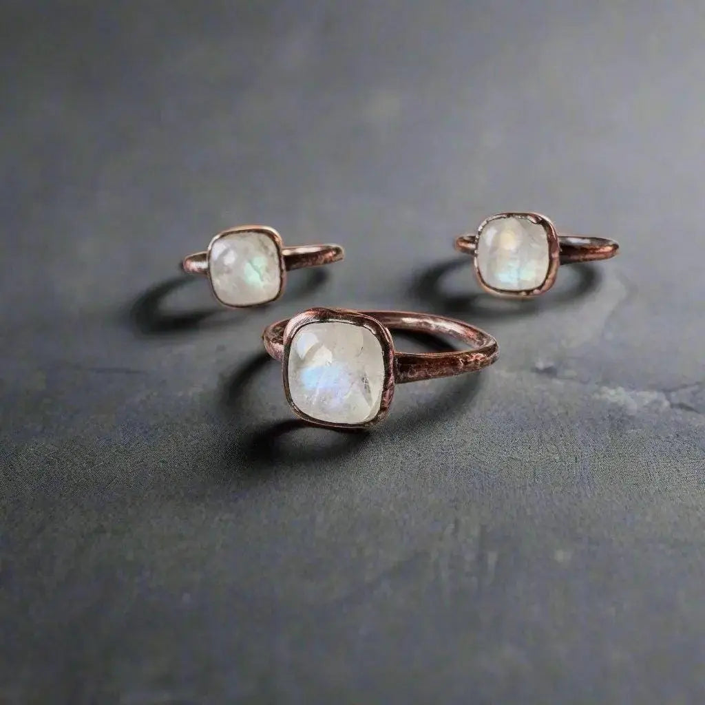 Handmade Moonstone Copper Ring: Electroformed Boho Statement Jewelry - BlackbirdSageStudio