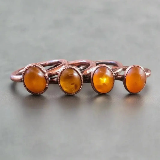 Electroformed Copper Ring: Oval Amber Stone, Handmade (US Size 6, 6.5) - BlackbirdSageStudio