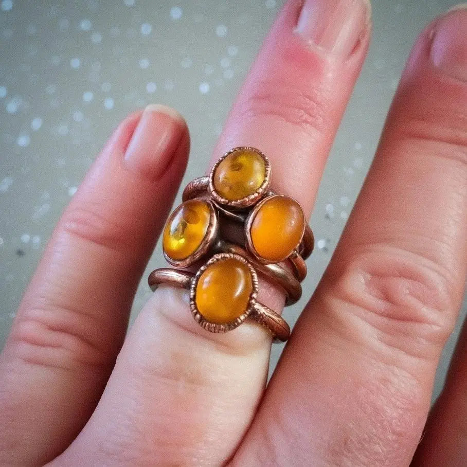 Electroformed Copper Ring: Oval Amber Stone, Handmade (US Size 6, 6.5) - BlackbirdSageStudio