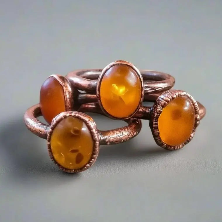 Electroformed Copper Ring: Oval Amber Stone, Handmade (US Size 6, 6.5) - BlackbirdSageStudio