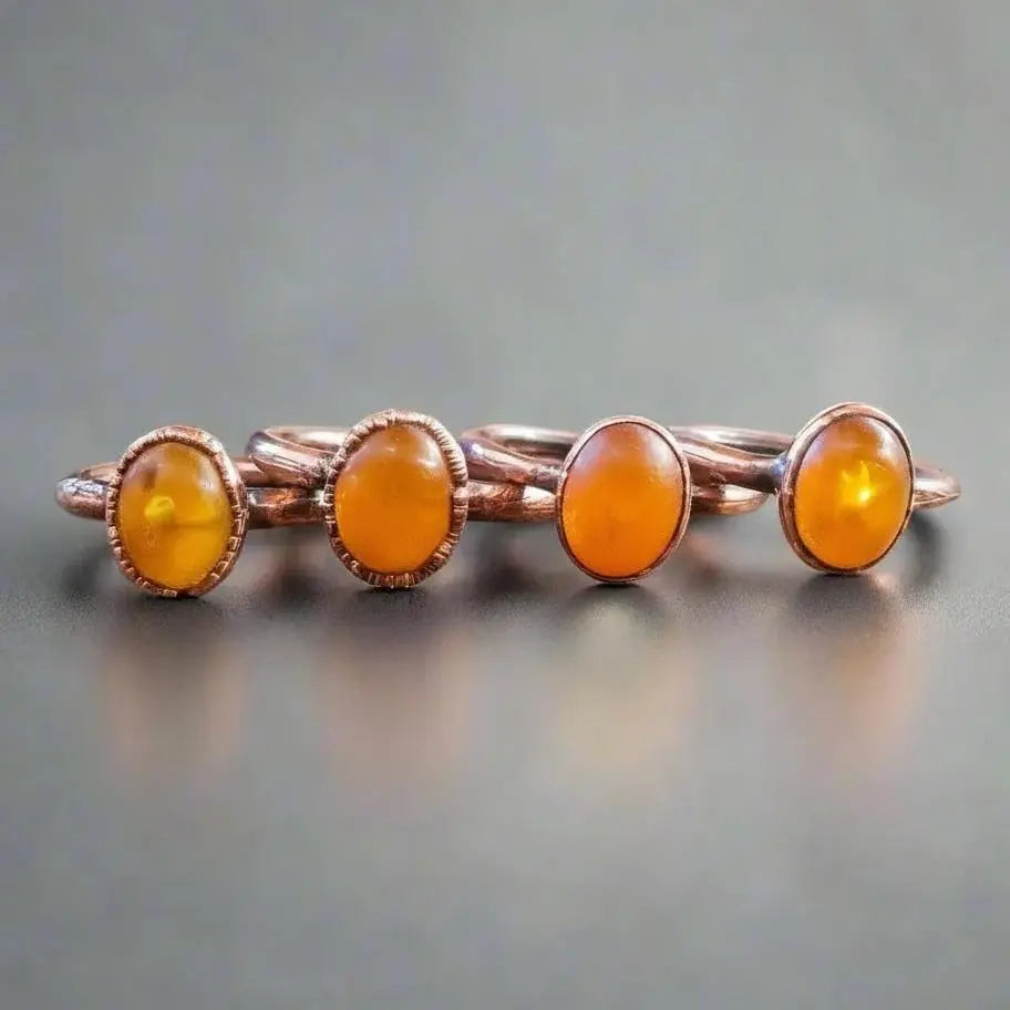 Electroformed Copper Ring: Oval Amber Stone, Handmade (US Size 6, 6.5) - BlackbirdSageStudio