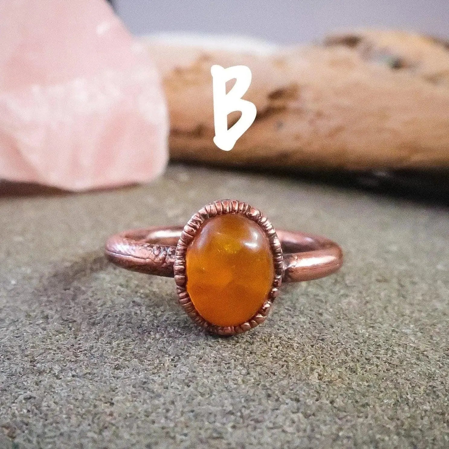 Electroformed Copper Ring: Oval Amber Stone, Handmade (US Size 6, 6.5) - BlackbirdSageStudio