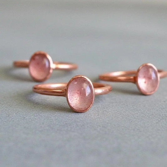 Electroformed Copper Ring: Strawberry Quartz Boho Stone, Crystal Jewelry Gift, Holiday Present For Her - BlackbirdSageStudio